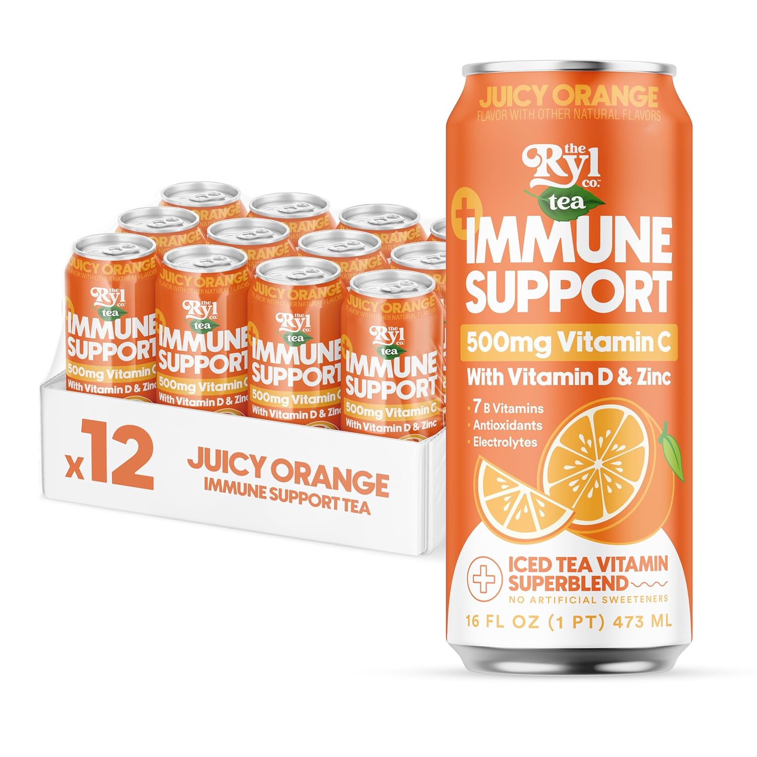 Ryl Immune Support Iced Tea, Juicy Orange, 500Mg Vitamin C With Vitamin D & Zinc, Zero Sugar, Zero Calories, 16.0 Fl Oz (12-Pack)