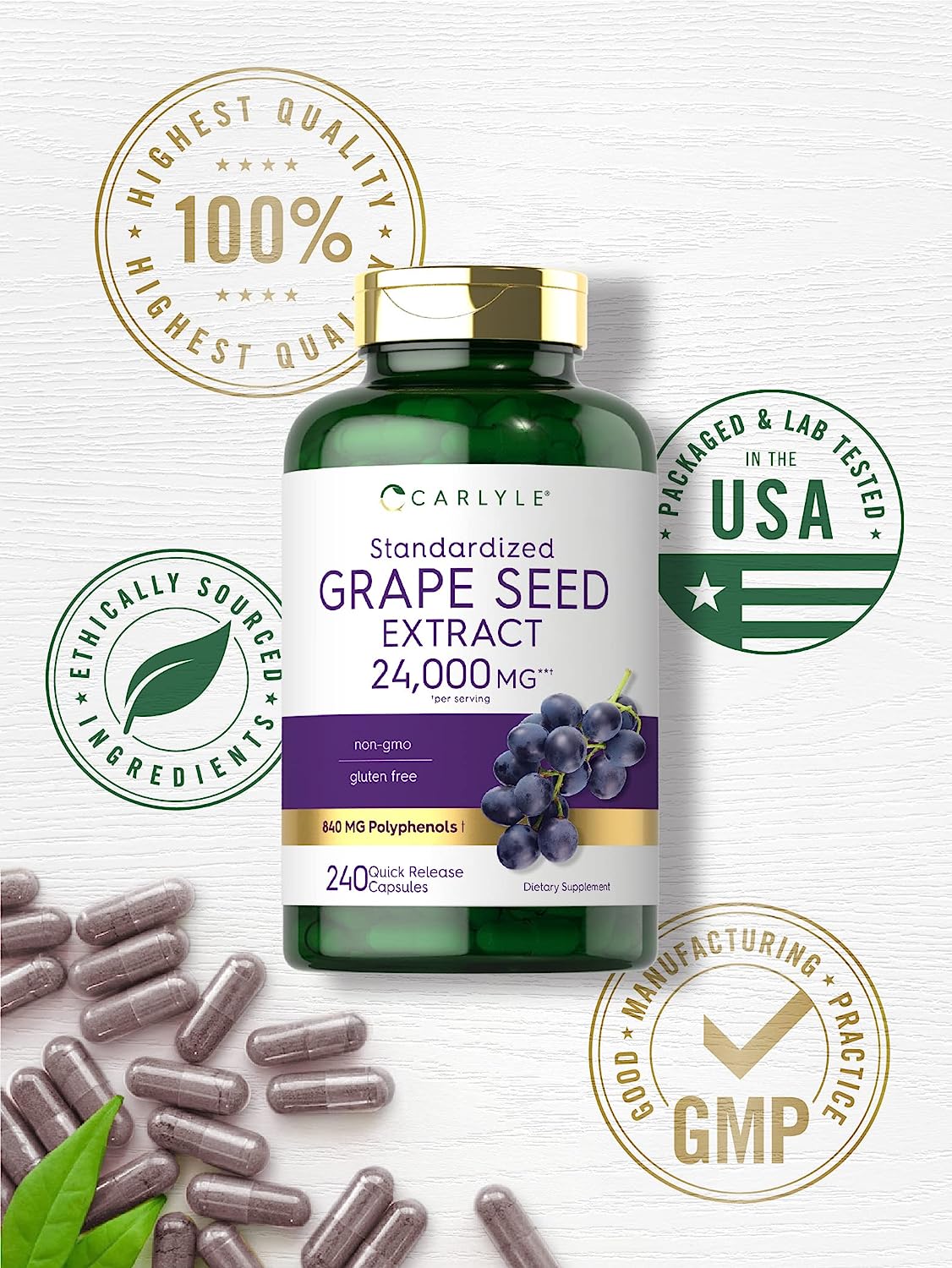 Carlyle Grape Seed Extract 24,000 mg Equivalent 240 Capsules | Maximum Strength Standardized Extract | Non-GMO, Gluten Free : Health & Household