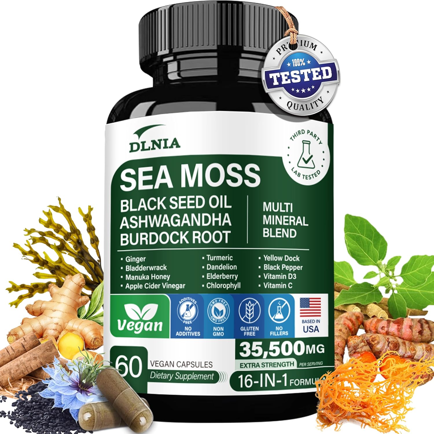 16-In-1 Organic Sea Moss 17500Mg Ashwagandha 5000Mg Black Seed Oil 4000Mg Turmeric 5000Mg Bladderwrack Burdock, Vitamin C & D3 With Elderberry Manuka Dandelion Yellow Dock For Full-Body Wellness