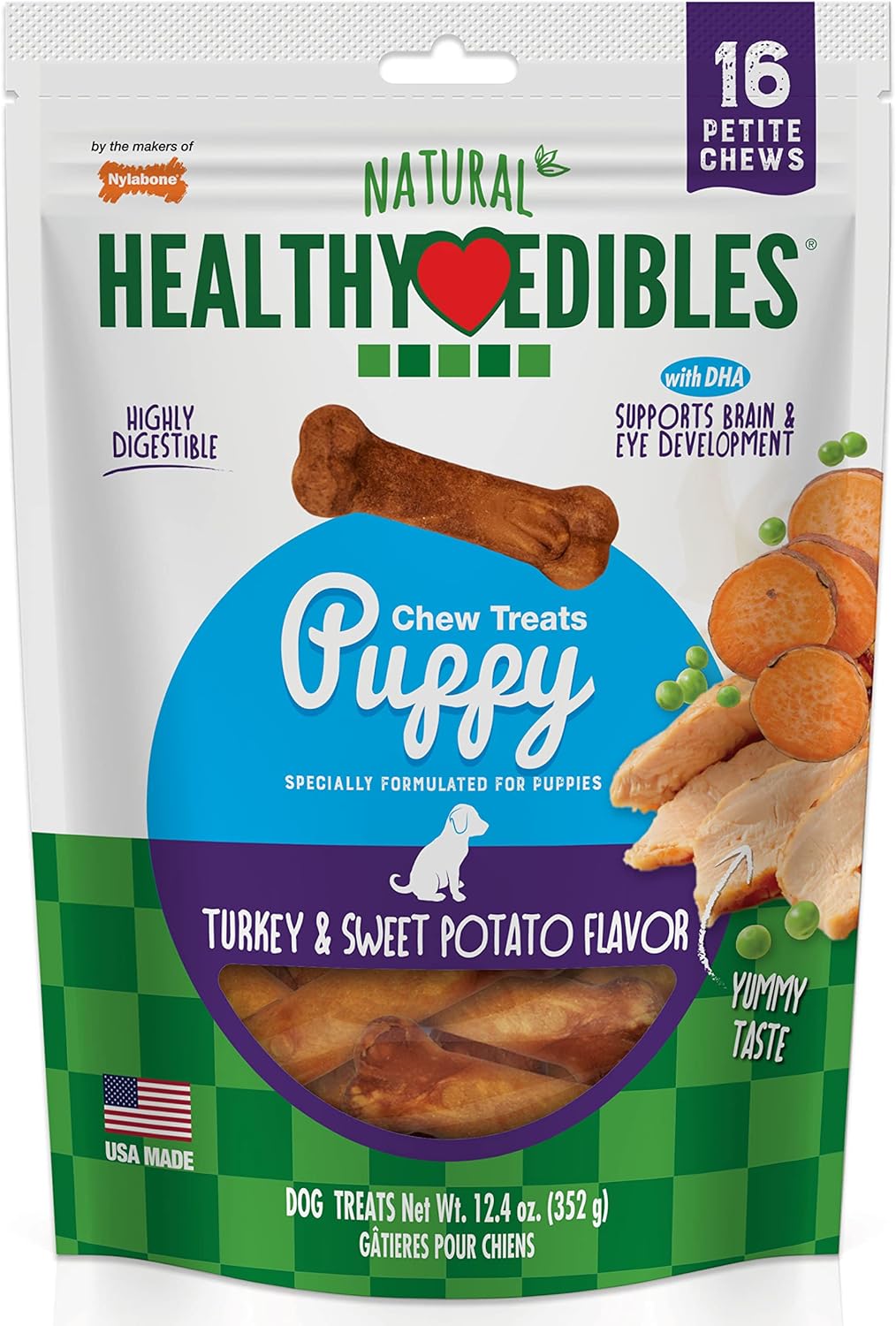 Nylabone Healthy Edibles Natural Puppy Treats - Long-Lasting Dog Treats - Puppy Supplies - Turkey & Sweet Potato Flavor, X-Small/Petite (16 Count)