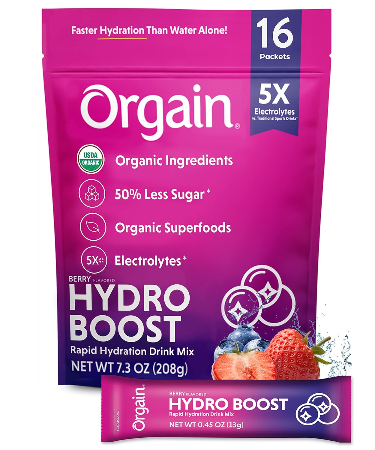 Orgain Organic Hydration Packets, Electrolytes Powder - Berry Hydro Boost with Superfoods, Gluten-Free, Soy Free, Vegan, Non GMO, Less Sugar than Sports Drinks, Travel Packets, 16 Count