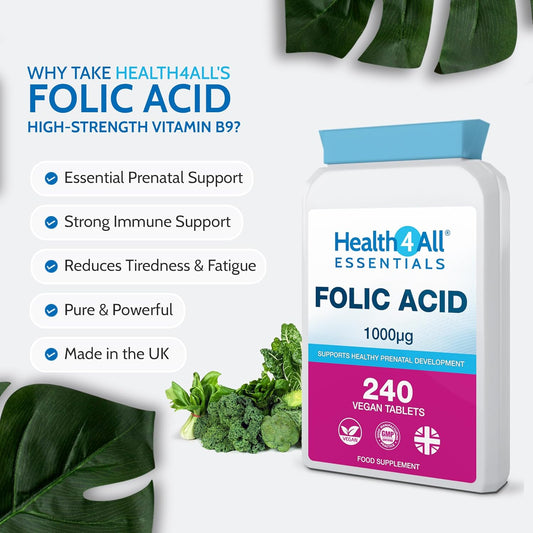 Health4All Folic Acid 1000Mcg, 240 Tablets 8 Months Supply, Supports Healthy Prenatal Development, Reduce Tiredness & Fatigue, Normal Immune Response, High Strength Vegan Vitamin B9 | Made In Uk