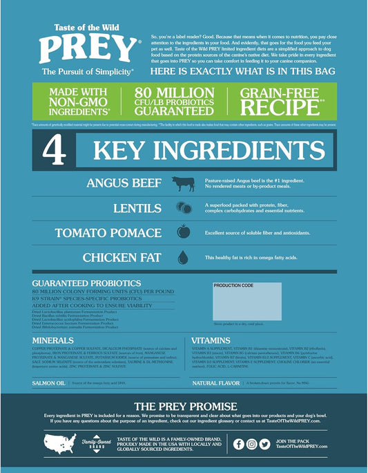 Taste Of The Wild Prey Real Meat High Protein Angus Beef Limited Ingredient Dry Dog Food Grain-Free Recipe Made With Real Pasture-Raised Beef And Probiotics For All Life Stages 25Lb