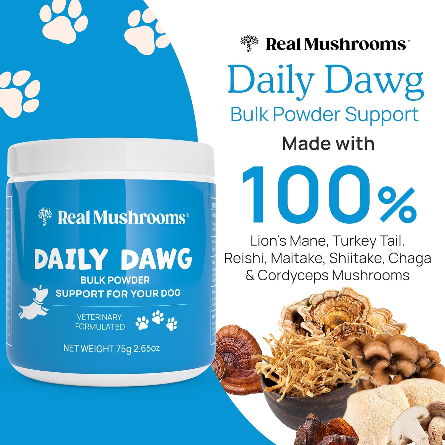 Daily Dawg Mushroom Extract Powder Support - (2.65 oz) Bulk Mushroom Powder Supplement & Dog Vitamins with Real Mushrooms Lion's Mane, Cordyceps Mushroom, Turkey Tail, Reishi & Shiitake : Pet Supplies