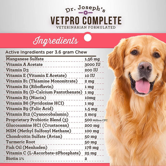 VetPro Dog Vitamins and Supplement Soft Chews with Probiotics, 120 Count, 5 in 1 Chewable Multivitamin for Puppy to Senior with Glucosamine for Hip and Joint Health, Immune System and Allergy Support