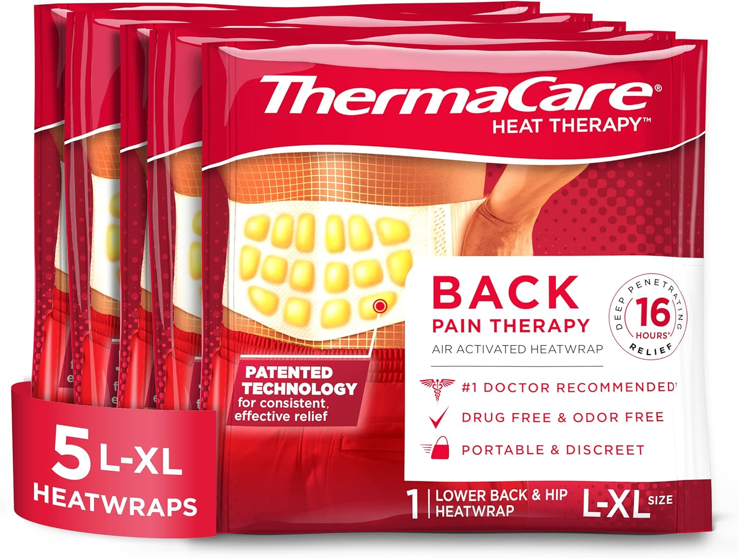 Thermacare Advanced Back & Hip Heatwraps - Adhesive, Disposable Heat Therapy Pads For Lower Back Pain, Muscle Aches, & Herniated Disc Relief - Drug-Free - Long-Lasting - L/Xl - 5-Count