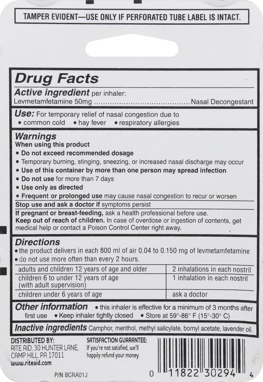 Rite Aid Nasal Decongestant Inhaler - 0.007 Oz | Nasal Congestion Relief | Nasal Spray For Allergy, Cold, & Sinus | Adult & Kids Allergy Medicine & Allergy Relief | Sinus Steamer Allergy Medication