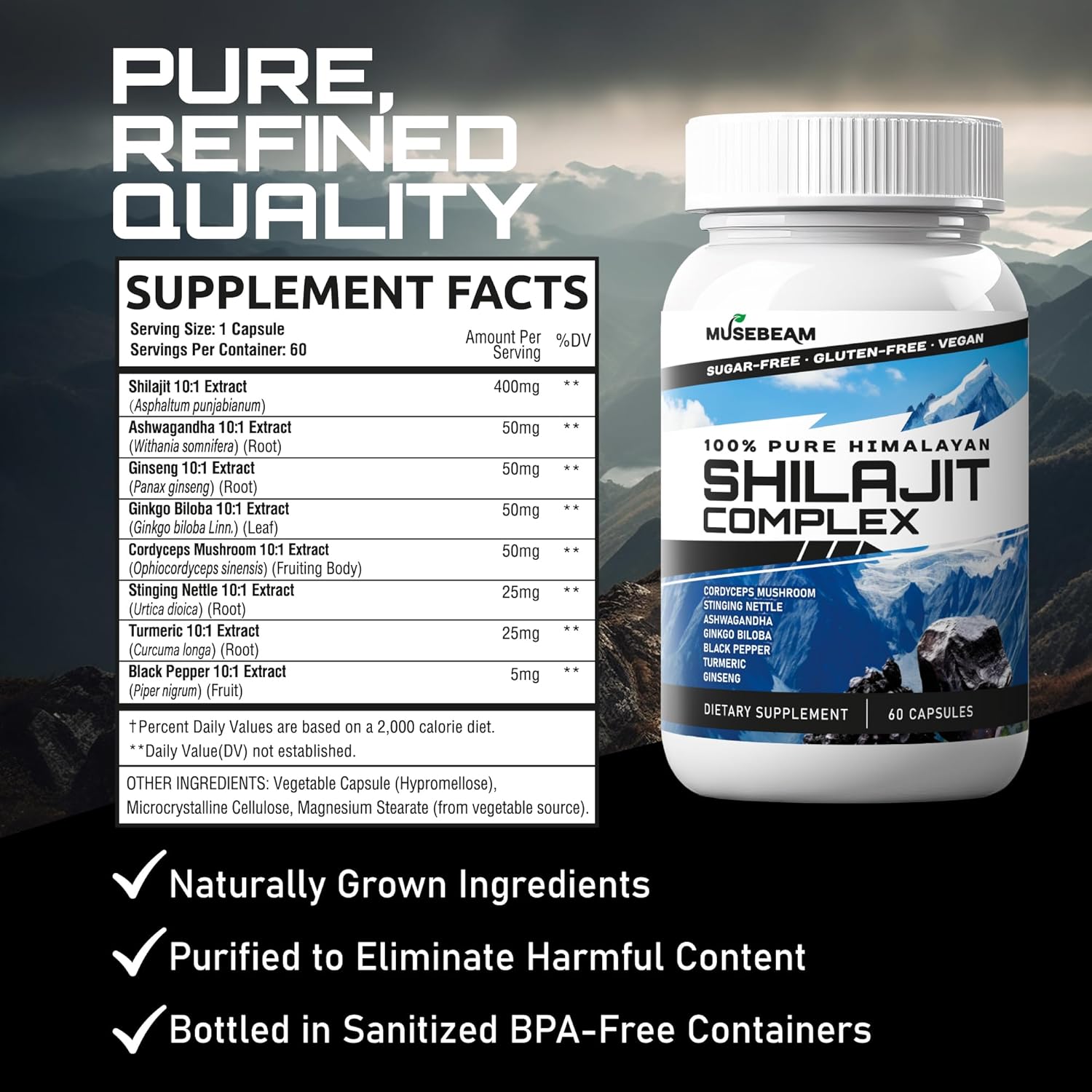 Musebeam Himalayan Shilajit Capsules Men Women - Pure Himalayan Fulvic Acid Supplement Pills - Ashwagandha Turmeric Ginkgo Biloba Ginseng Cordyceps Mushroom Stinging Nettle Black Pepper : Health & Household