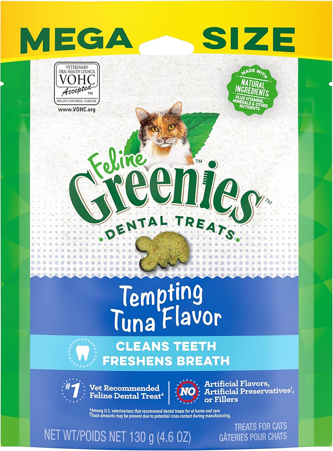 Greenies Feline Adult Natural Dental Care Cat Treats, Tempting Tuna Flavor, 4.6 Oz. Pouch