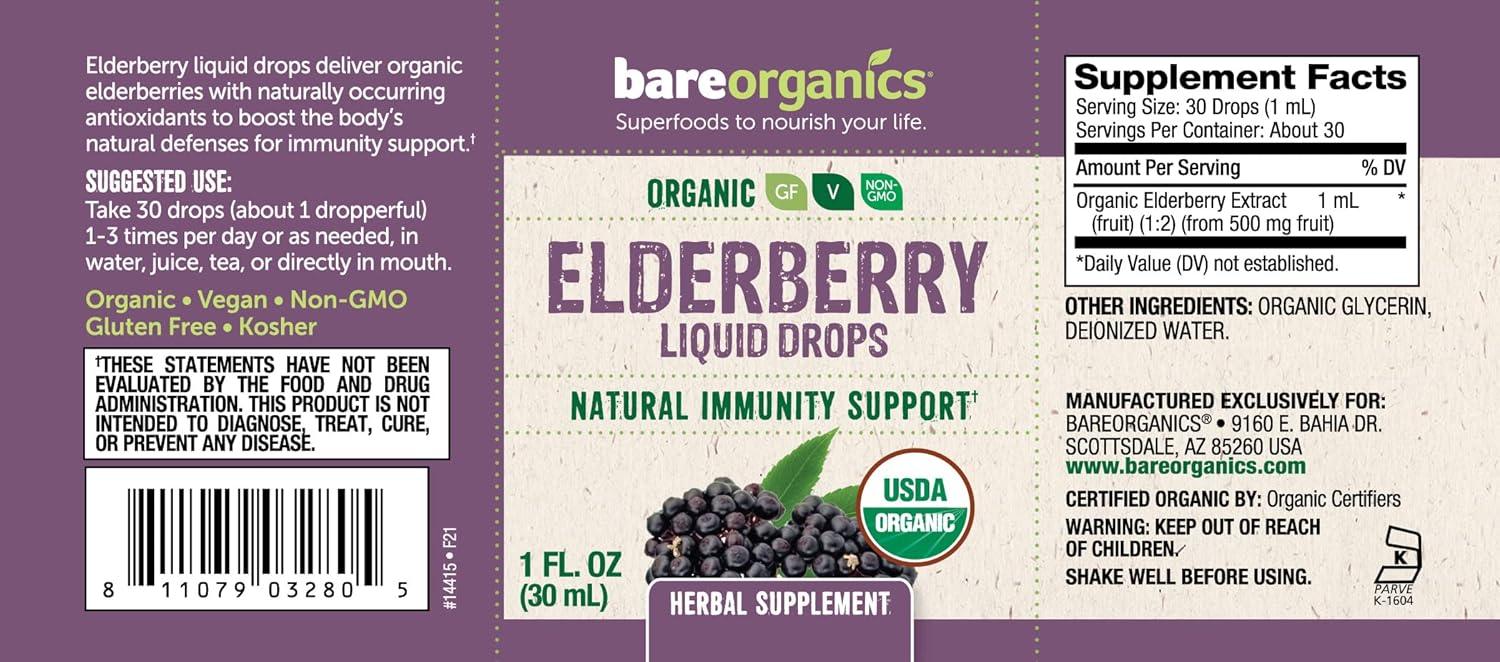 BareOrganics Elderberry Liquid Drops, Herbal Supplement, 1 Ounce : Health & Household