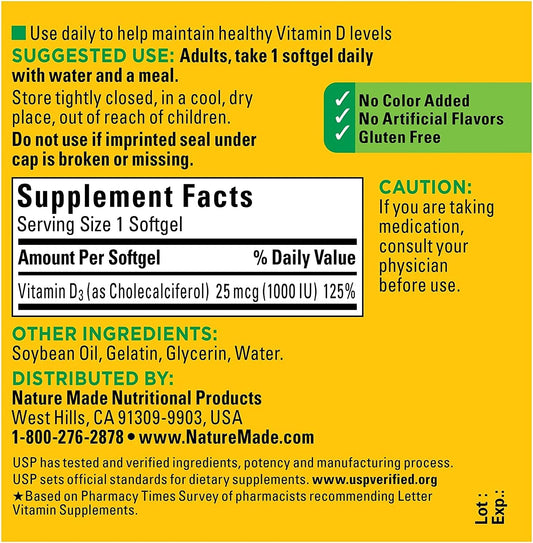 Nature Made Vitamin D3 1000 IU Supplement Liq Softgels, 100 Count, (Pack of, 2)