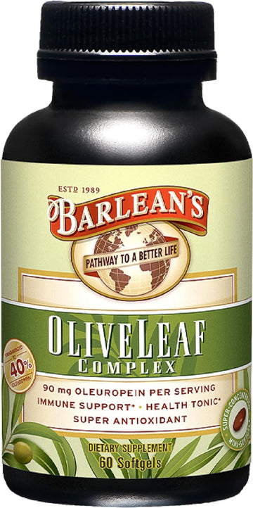 Barlean's Olive Leaf Complex Softgels Immune Support Supplement with 90 mg Oleuropein Antioxidants, Concentrated Heart Health & Immunity Booster Pills, 60 Count