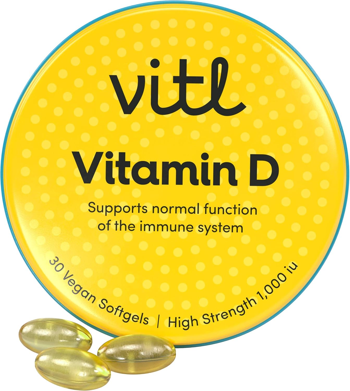Vitl Vitamin D3, 30 Vegan Capsules - High Strength 1000 Iu Softgels - Supports The Immune System, Bones & Joints, Teeth, Muscles & Heart - Easy To Swallow - Pocket-Sized Tin