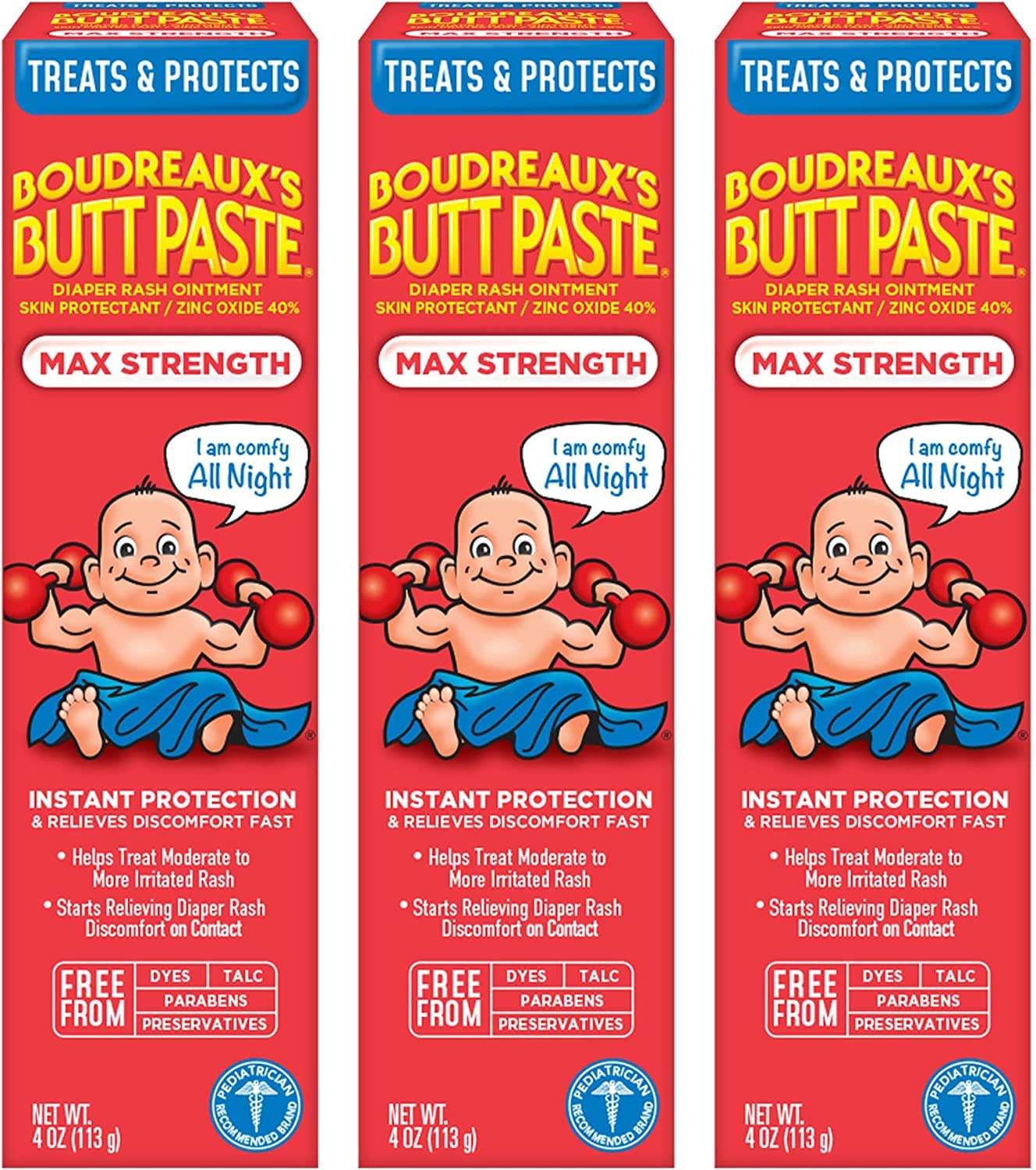 Boudreaux'S Butt Paste Maximum Strength Diaper Rash Cream, Ointment For Baby, 4 Oz Tube, 3 Pack