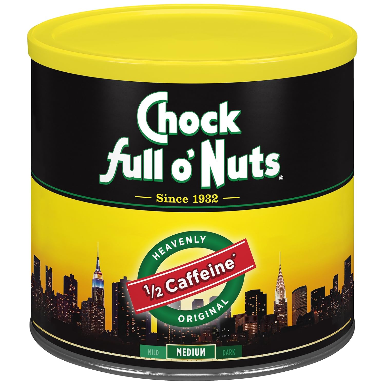 Chock Full O’ Nuts Heavenly Half Caffeine Ground Coffee, Medium Roast – Arabica Coffee Beans, Full-Bodied, Bold Flavor Medium Blend With About Half The Caffeine Of Original Roast