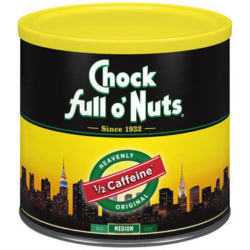 Chock Full O’ Nuts Heavenly Half Caffeine Ground Coffee, Medium Roast – Arabica Coffee Beans, Full-Bodied, Bold Flavor Medium Blend With About Half The Caffeine Of Original Roast