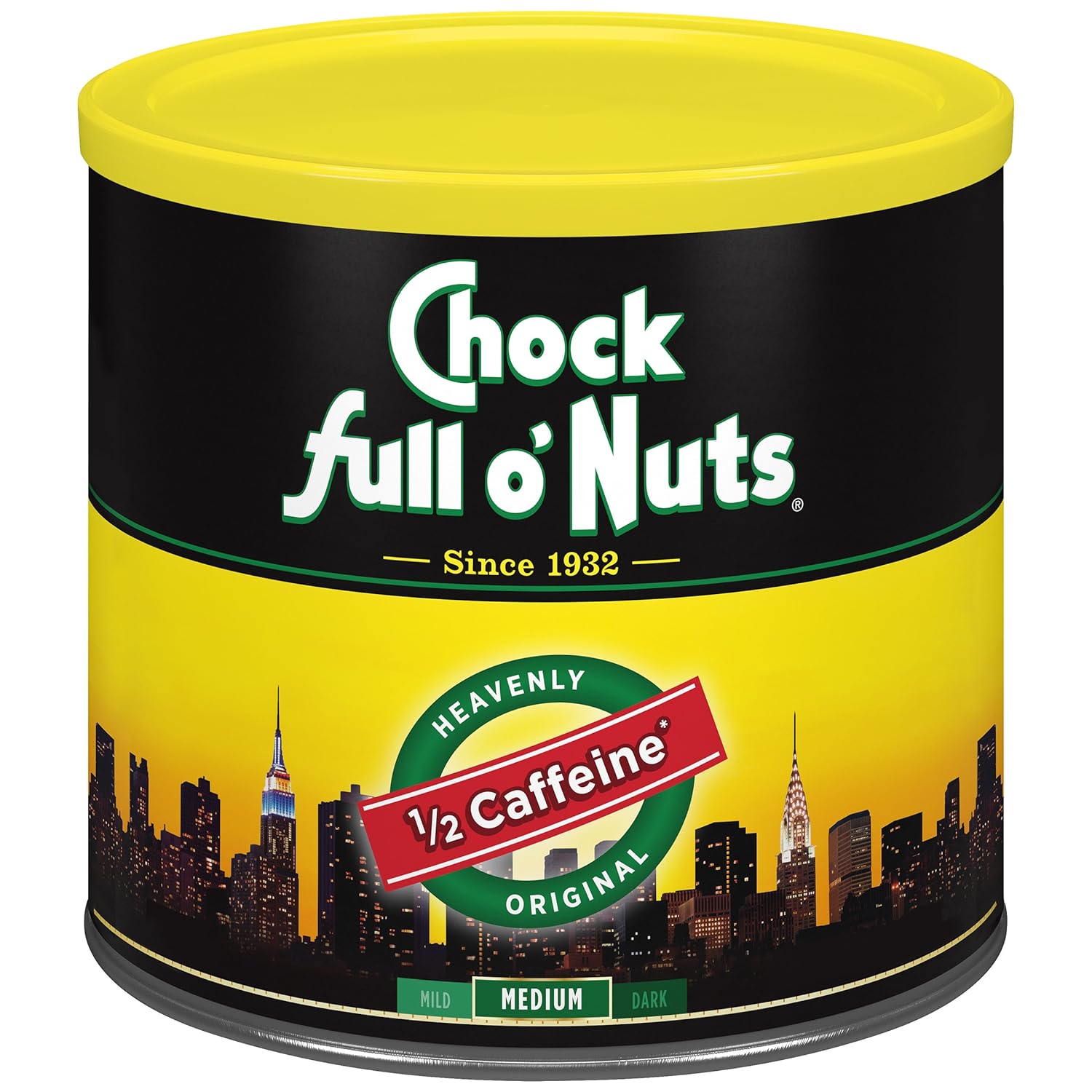 Chock full o’Nuts Half Caffeine Original Roast, Medium Roast Half Caffeine Ground Coffee – Gourmet Coffee Beans – Smooth, Full-Bodied and Rich, About Half The Caffeine As Our Original (24 Oz. Can)