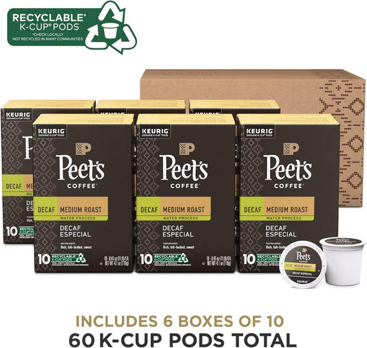 Peet's Coffee, Medium Roast Decaffeinated Coffee K-Cup Pods for Keurig Brewers - Decaf Especial 60 Count (6 Boxes of 10 K-Cup Pods)