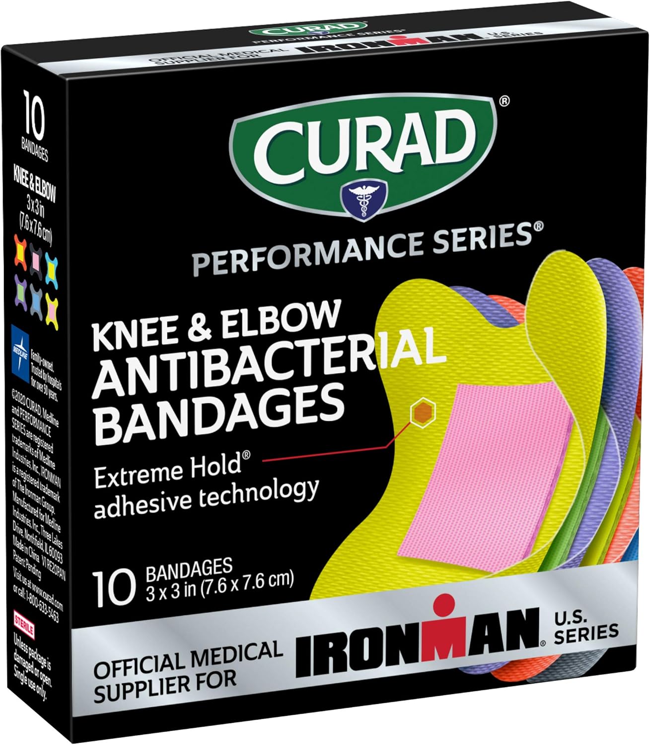 Curad Performance Series Ironman Antibacterial Bandages, Extreme Hold Adhesive Technology, Knee & Elbow 3 Inches X 3 Inches, 10 Count, Ideal For Cuts, Scrapes, Sports, And Active Lifestyles