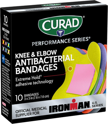 Curad Performance Series Ironman Antibacterial Bandages, Extreme Hold Adhesive Technology, Knee & Elbow 3 Inches X 3 Inches, 10 Count, Ideal For Cuts, Scrapes, Sports, And Active Lifestyles