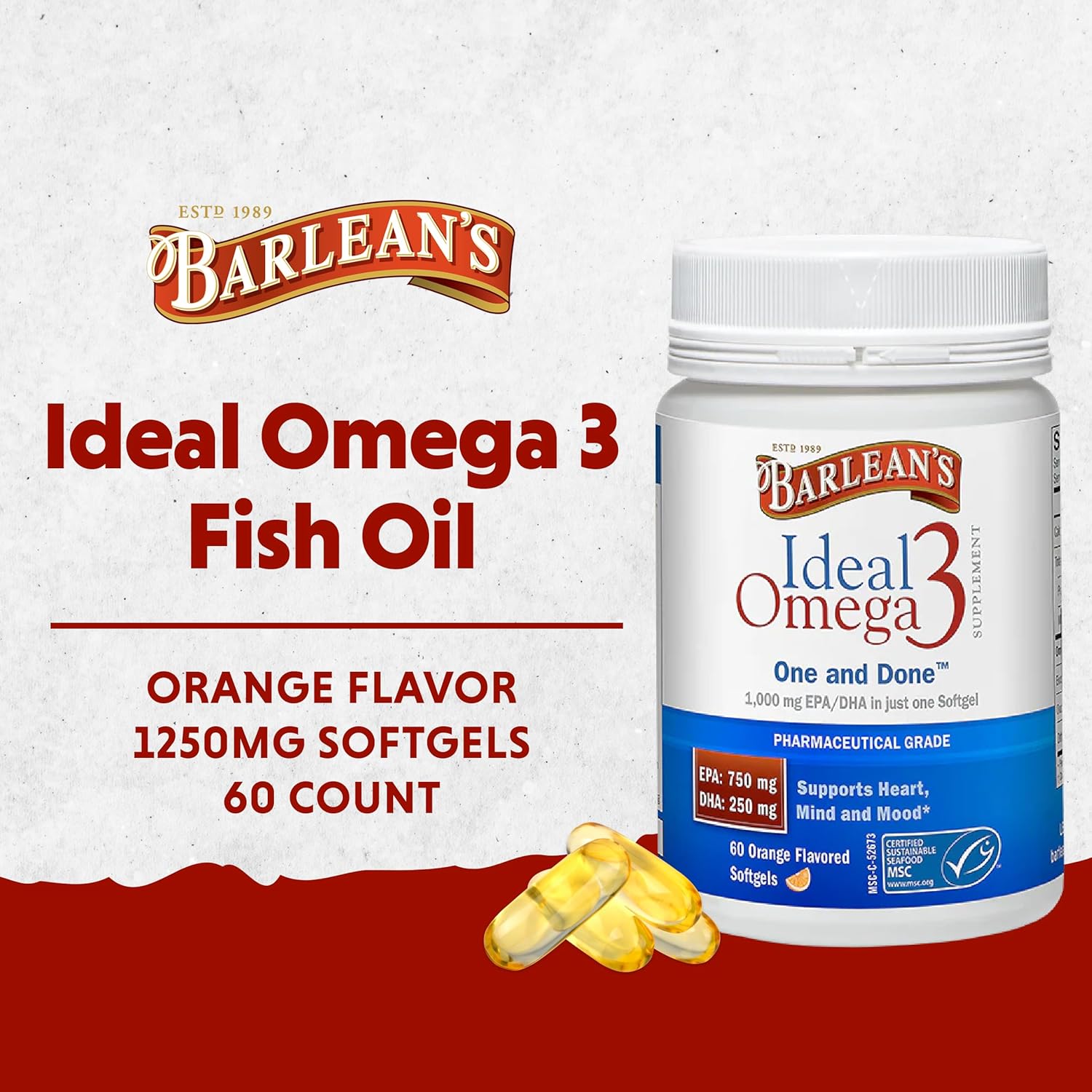 Barlean's Ideal Omega 3 Fish Oil Supplement, 1,000 mg Softgels, Pharmaceutical Grade EPA & DHA for Brain, Joint, & Heart Health, Orange avor, 60 ct