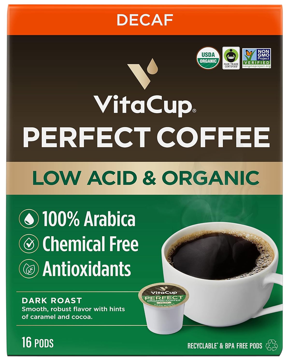 Vitacup Organic Perfect Dark Roast Decaf Coffee Pod For Pure & Clean Energy, Antioxidants, Low Acid, Guatemala Single Origin In Recyclable Single Serve Pod Compatible W/Keurig K-Cup Brewers,16Ct