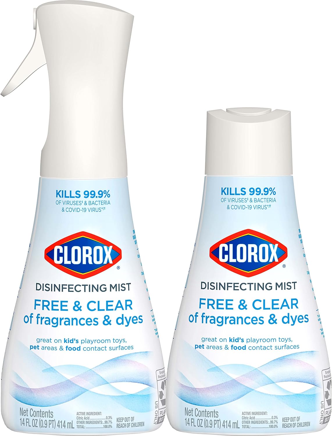 Clorox Free & Clear Disinfecting Mist, Household Essentials, 1 Spray Bottle And 1 Refill, 14 Fl Oz Each