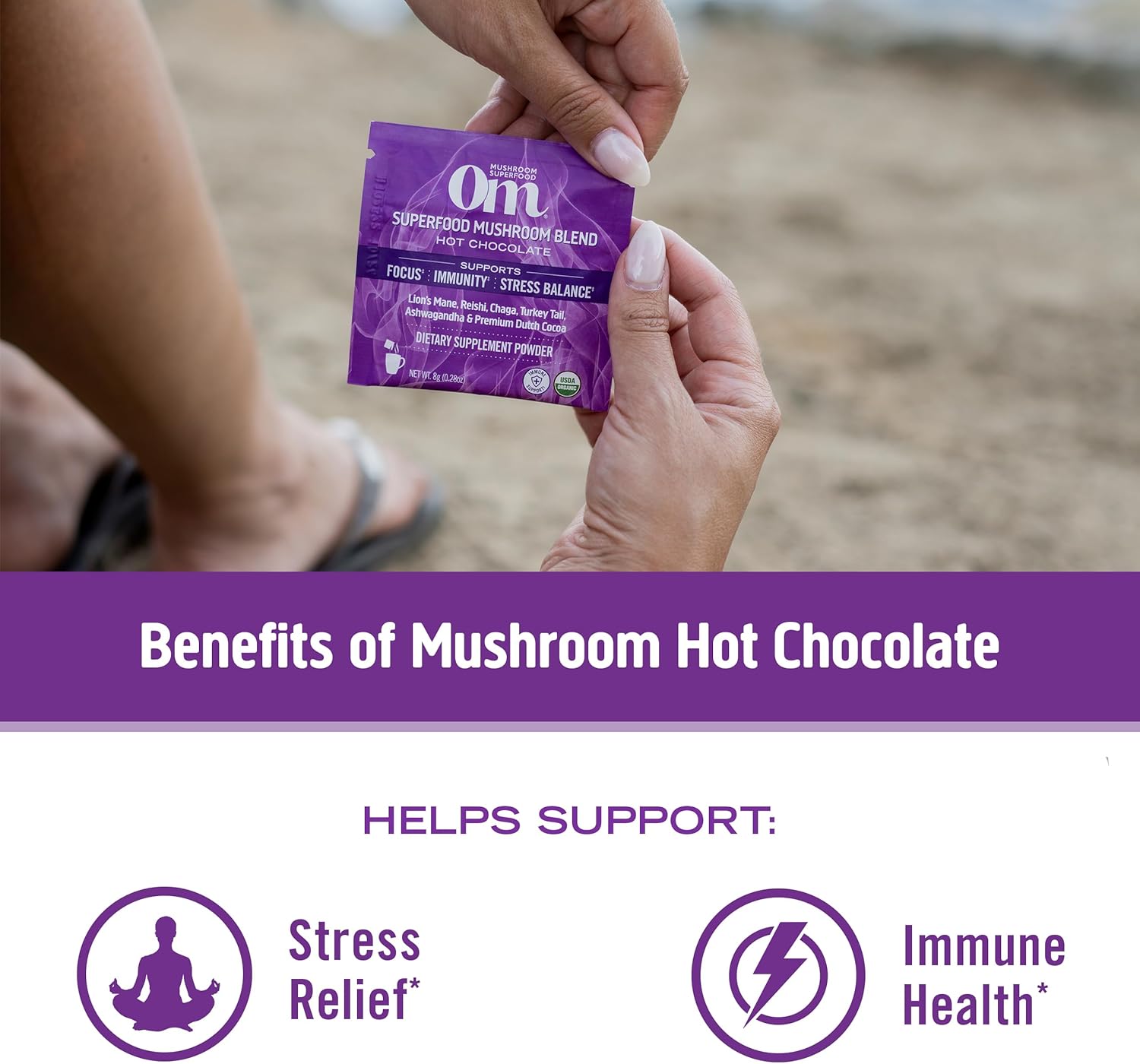 Om Mushroom Superfood Hot Chocolate Blend Mushroom Powder, 8.47 Ounce Canister, 30 Servings, Dutch Cocoa, 2g of Sugar, 25 Calories, Lion's Mane, Reishi, Chaga, Turkey Tail, Focus and Stress Support : Health & Household