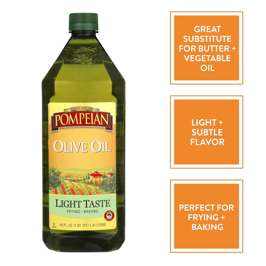 Pompeian Light Taste Olive Oil, Subtle Flavor, Perfect For Frying & Baking, Naturally Gluten Free, Non-Allergenic, Non-Gmo, 48 Fl. Oz