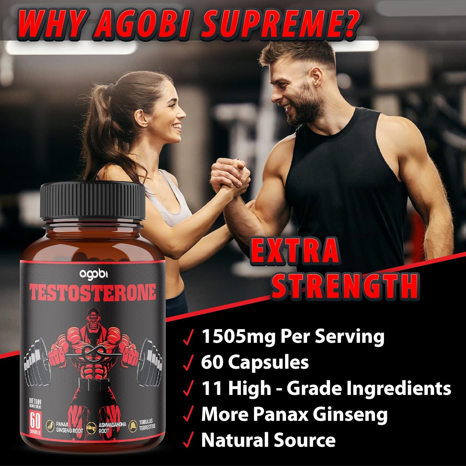 Agobi Testosterone Supplement For Men - 11 Potent Herbs - Ashwagandha, Tribulus, Ginseng & More - 60 Capsules For 1 Month : Health & Household