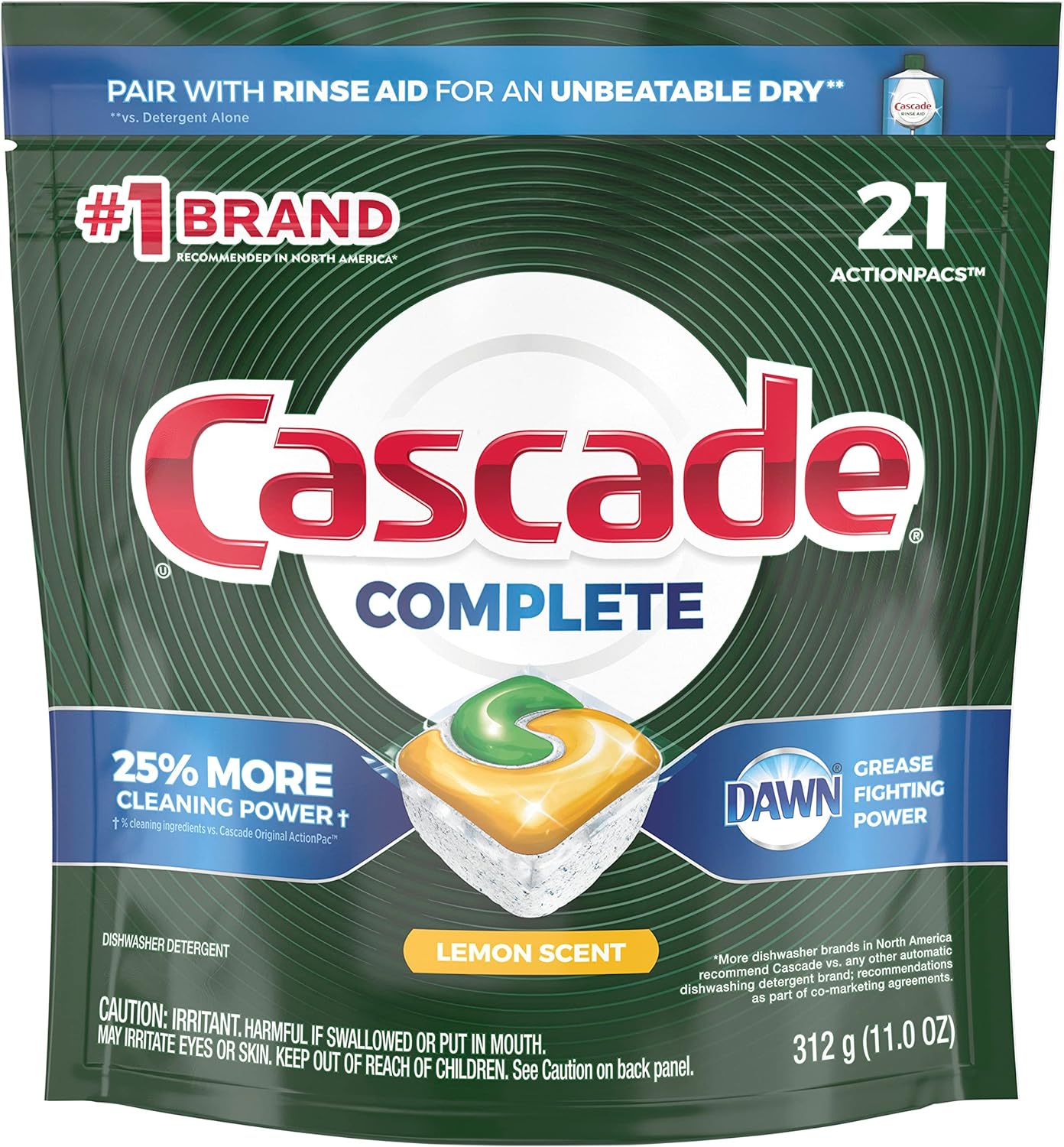 Cascade Complete ActionPacs, Dishwasher Detergent Pods, Lemon, 21 Count : Health & Household