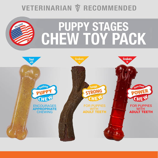 Nylabone Puppy Stages Dog Chew Toy Pack - Puppy Chew Toys For Teething And Chewing - Puppy Supplies - Chicken, Maple Bacon, And Beef Jerky Flavors, Medium/Wolf (3 Count)