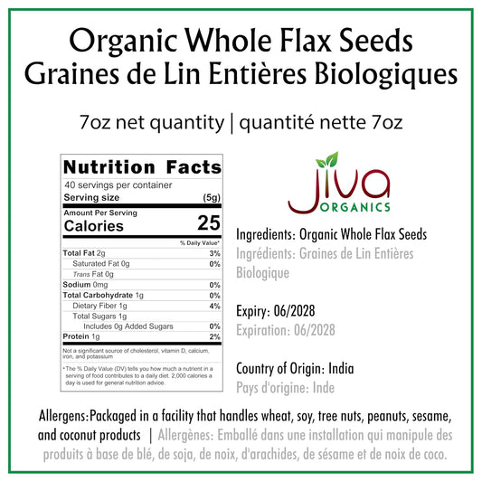 Jiva Organics Organic Flax Seeds Whole Raw 7 Ounce Bag - 100% Natural & Non-Gmo