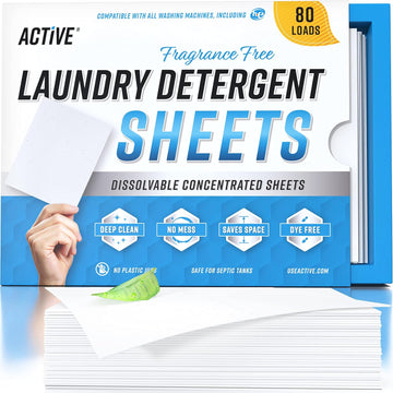 Laundry Detergent Sheets Eco Washing Strips - 80 Loads Package, Free & Clear Liquidless Clothes Washer Sheet, Zero Waste Travel Laundry Strip, Dissolvable Space Saving Sheets For He - Fragrance Free