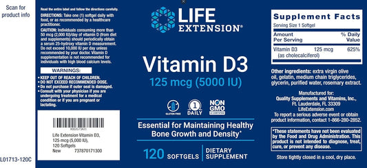 Life Extension Vitamin D3 5000 IU, 120 Softgels (Pack of 2)