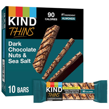 Kind Thins Dark Chocolate Nuts & Sea Salt Bars (Now With Peanuts), Gluten Free, 4G Sugar, 0.74 Oz Bars, 10 Count