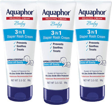 Aquaphor 3-In-1 Diaper Rash Cream, 3.5 Oz Tube, Pack Of 3, Baby, Pediatrician Recommended, Zinc Oxide Formula, 15% Active Ingredient, Semisolid, Over-The-Counter Skin Protectant