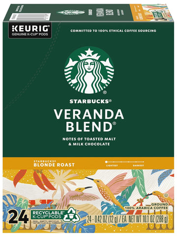 Starbucks Coffee K-Cup Pods, Veranda Blend, Blonde Roast Coffee, Notes Of Toasted Malt & Milk Chocolate, Keurig Genuine K-Cup Pods, 24 Ct K-Cups/Box (Pack Of 1 Box)