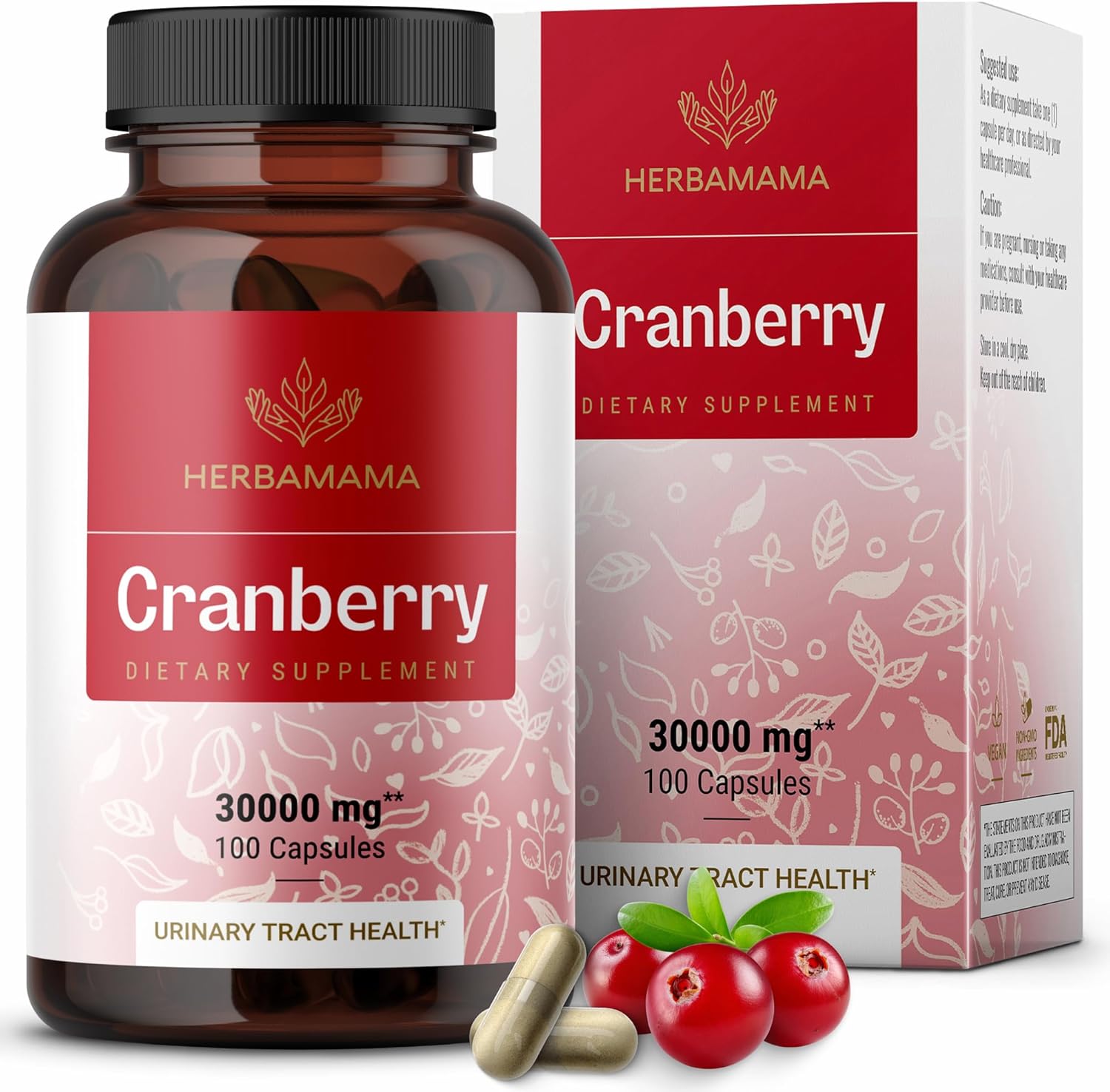 Herbamama Cranberry Capsules - 30000 Mg High-Potency 50:1 Concentrate Cranberry Capsules For Women - Urinary Health Cranberry Supplement - Vegan, Non-Gmo - 100 Caps