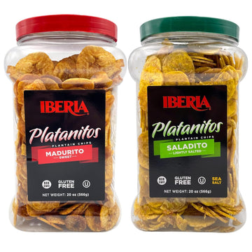 Iberia Salted Plantain Chips Jar 20 Ounce And Naturally Sweet Plantain Chips Jar 20 Ounce Bundle