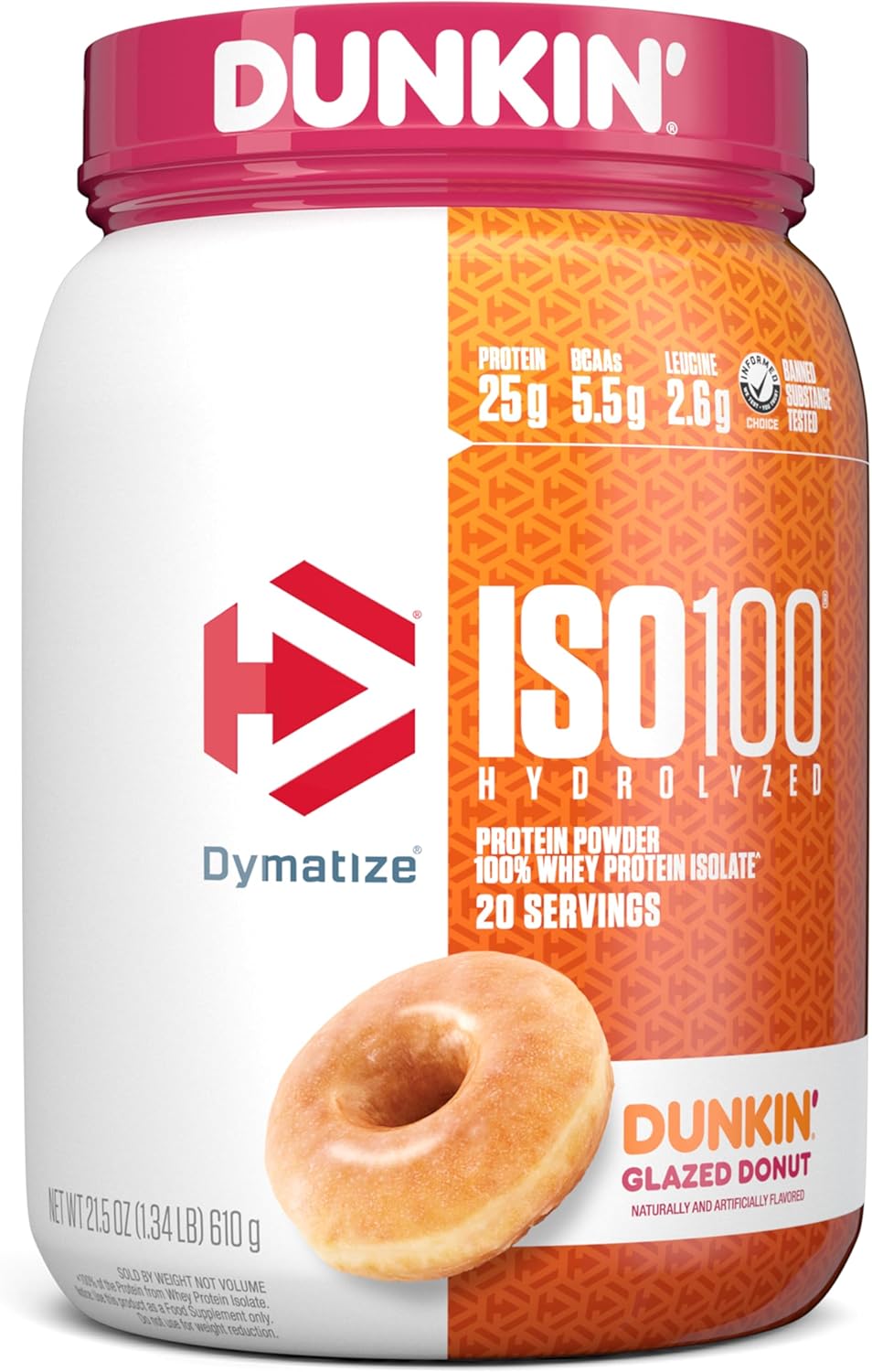Dymatize Iso100 Hydrolyzed Protein Powder, 100% Whey Isolate, Dunkin' Glazed Donut Flavor, 20 Servings, Gluten-Free