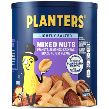 Planters Lightly Salted Mixed Nuts - Less Than 50% Peanuts - Peanuts, Almonds, Cashews, Hazelnuts, And Pecans, 15 Oz Canister (Pack Of 6)