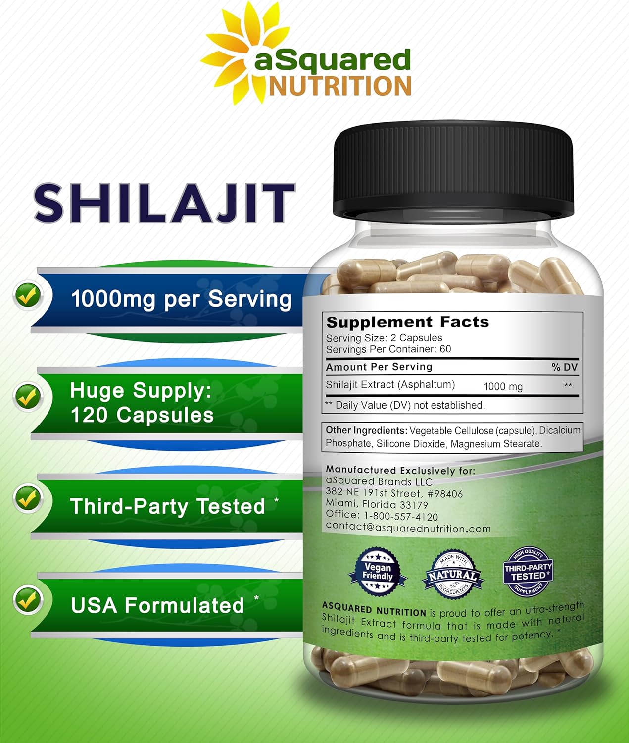 Asquared Nutrition Shilajit 1000Mg - 120 Capsules - Pure Shilajit Extract Supplement And Powder Complex Pills - Natural Humic & Fulvic Acid & Trace Minerals - Alternative To Resin & Drops