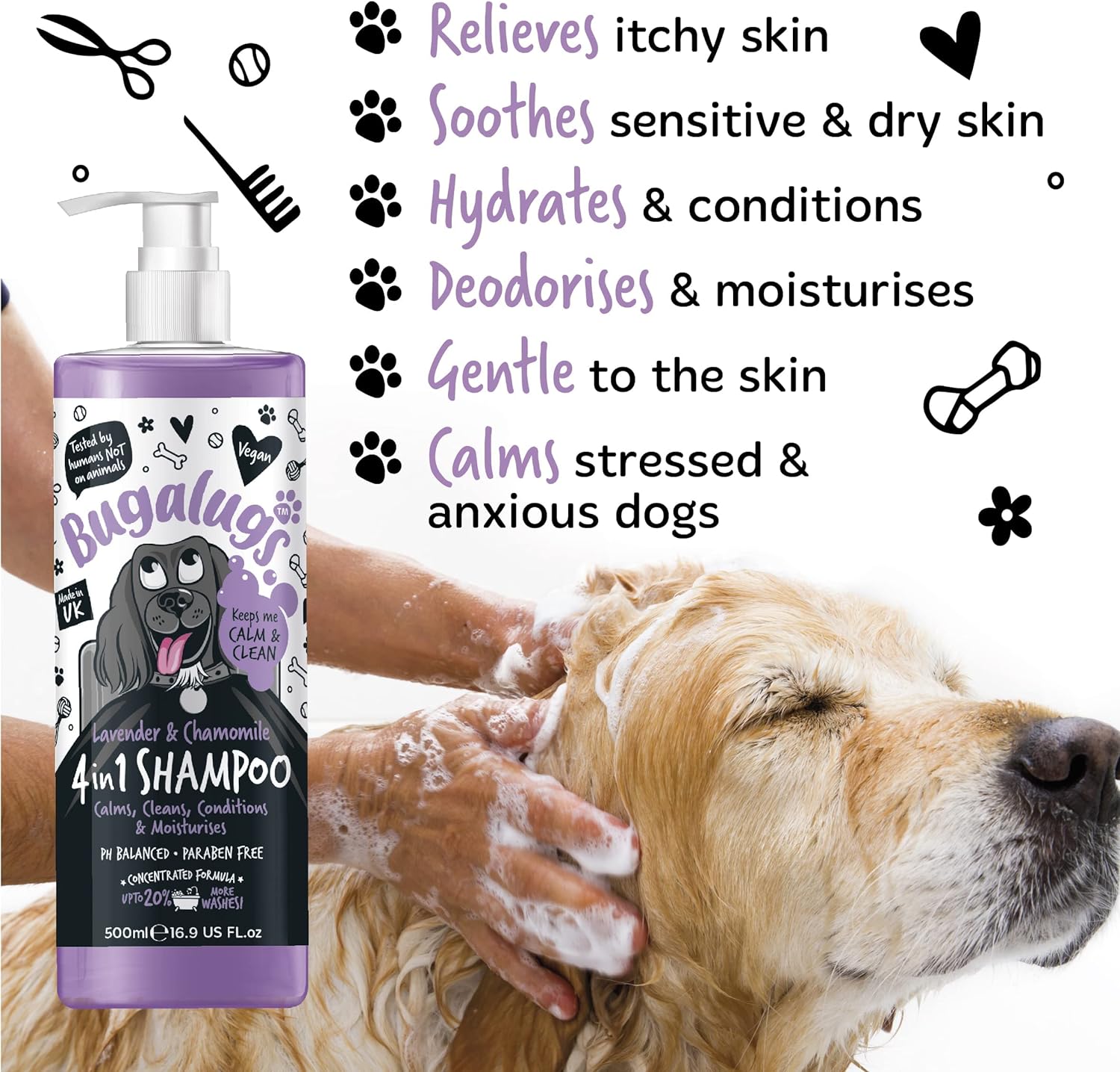 Dog Shampoo by Bugalugs lavender & chamomile 4 in 1 dog grooming shampoo products for smelly dogs with fragrance, best puppy shampoo, professional groom Vegan pet shampoo & conditioner (1 Litre) :Pet Supplies
