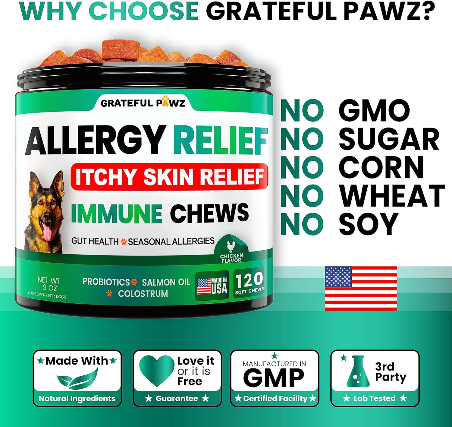 Dog Allergy Relief Chews - Dog Itch Relief - Probiotics, Omega 3 Fish Oil + Colostrum - Itchy Skin Relief - Seasonal Allergies - Anti Itch Support & Hot Spots - Immune Health Supplement - Made in USA : Pet Supplies