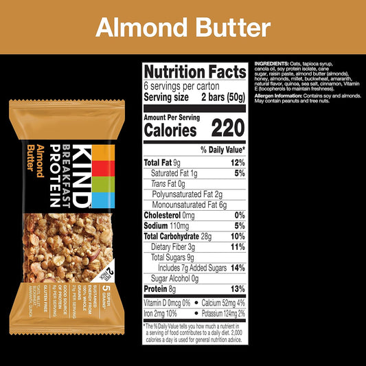 Kind Breakfast, Healthy Snack Bar, Almond Butter, Gluten Free Breakfast Bars, 8G Protein, 1.76 Oz Packs (30 Count)