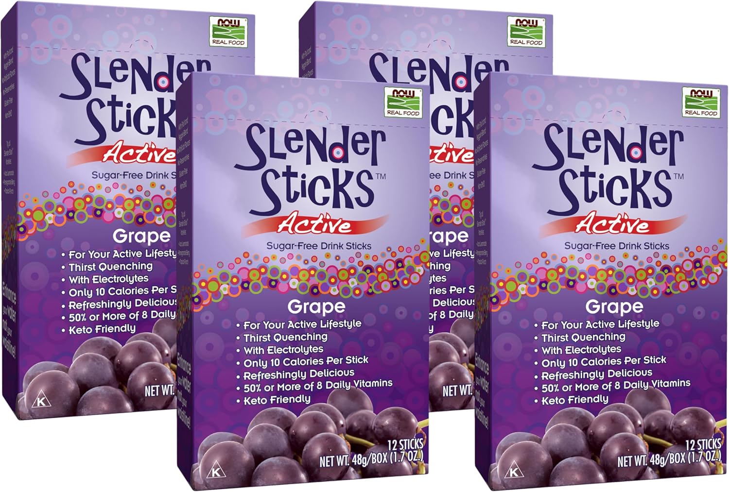 Now Foods, Slender Sticks, Grape Flavor, Sugar-Free Drink Sticks With Electrolytes For Your Active Lifestyle, 10 Calories/Stick, 12/Box (Pack Of 4)