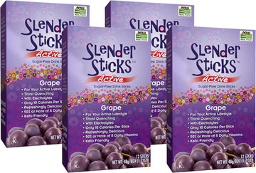Now Foods, Slender Sticks, Grape Flavor, Sugar-Free Drink Sticks With Electrolytes For Your Active Lifestyle, 10 Calories/Stick, 12/Box (Pack Of 4)