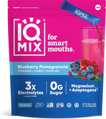 Iqmix Sugar Free Electrolytes Powder Packets - Hydration Supplement Drink Mix With Keto Electrolytes, Lions Mane, Magnesium L-Threonate, And Potassium Citrate - Blueberry Pomegranate (40 Count)