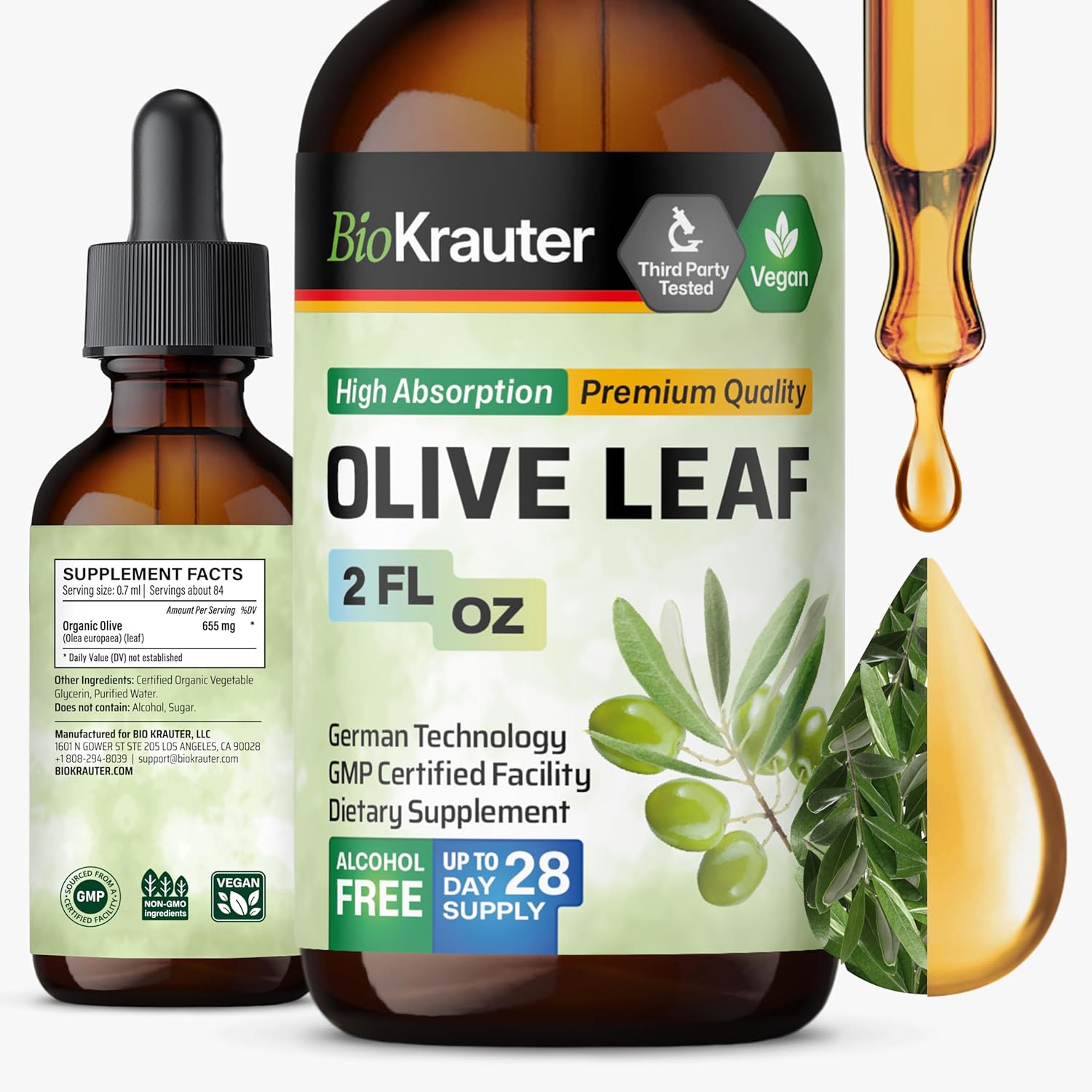 Bio Krauter Olive Leaf Extract Liquid - Olive Leaf Tincture For Immune Support - Alcohol And Sugar Free - Vegan Drops 4 Fl.Oz